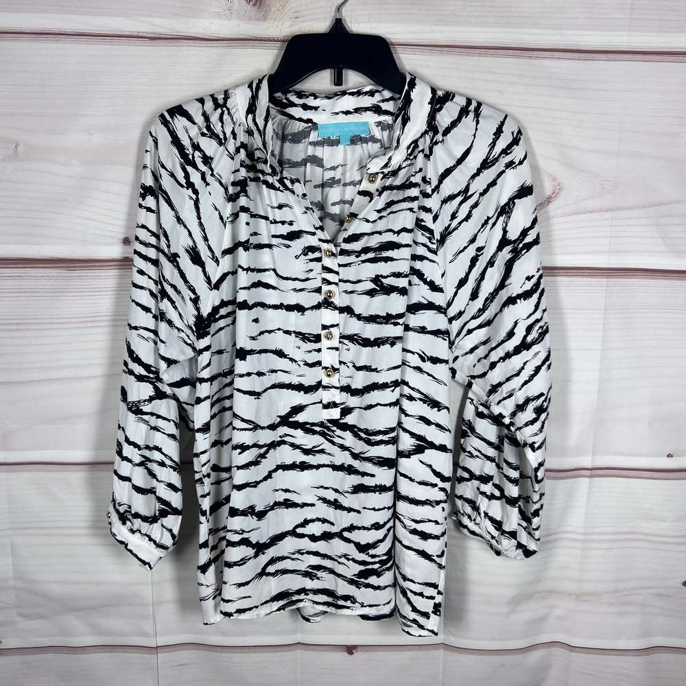 Melissa Odabash Blouse Women XS White Zebra Print Henley Viscose Top 3/4 Sleeve